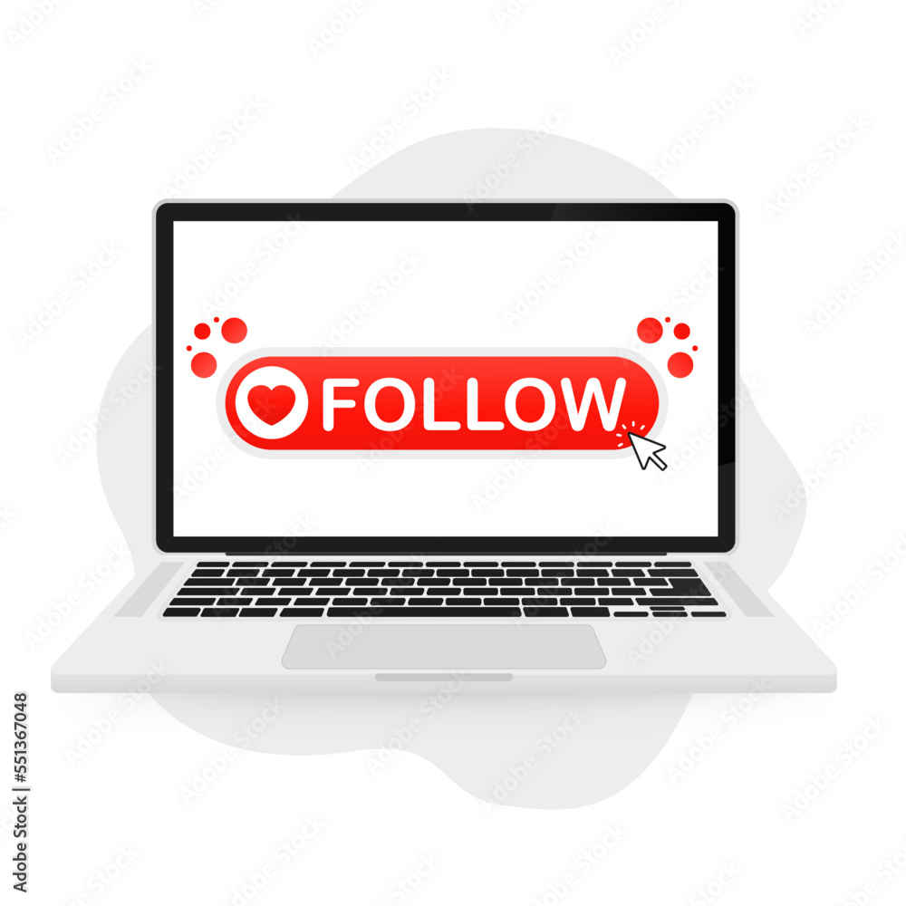 Follow button with heart icon and mouse cursor, mobile app, website, social media, blog, mobile game on laptop. Vector illustration Follow button with heart icon and mouse cursor, mobile app, website, social media, blog, mobile game on laptop. Vector illustration