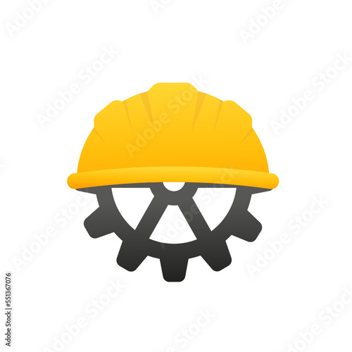 Work safety simple logo design for construction services with construction hard hat and gear. Vector illustration