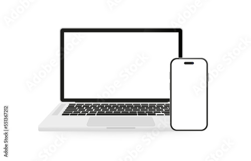 Laptop and mobile phone mockup on white isolated background. Vector illustration