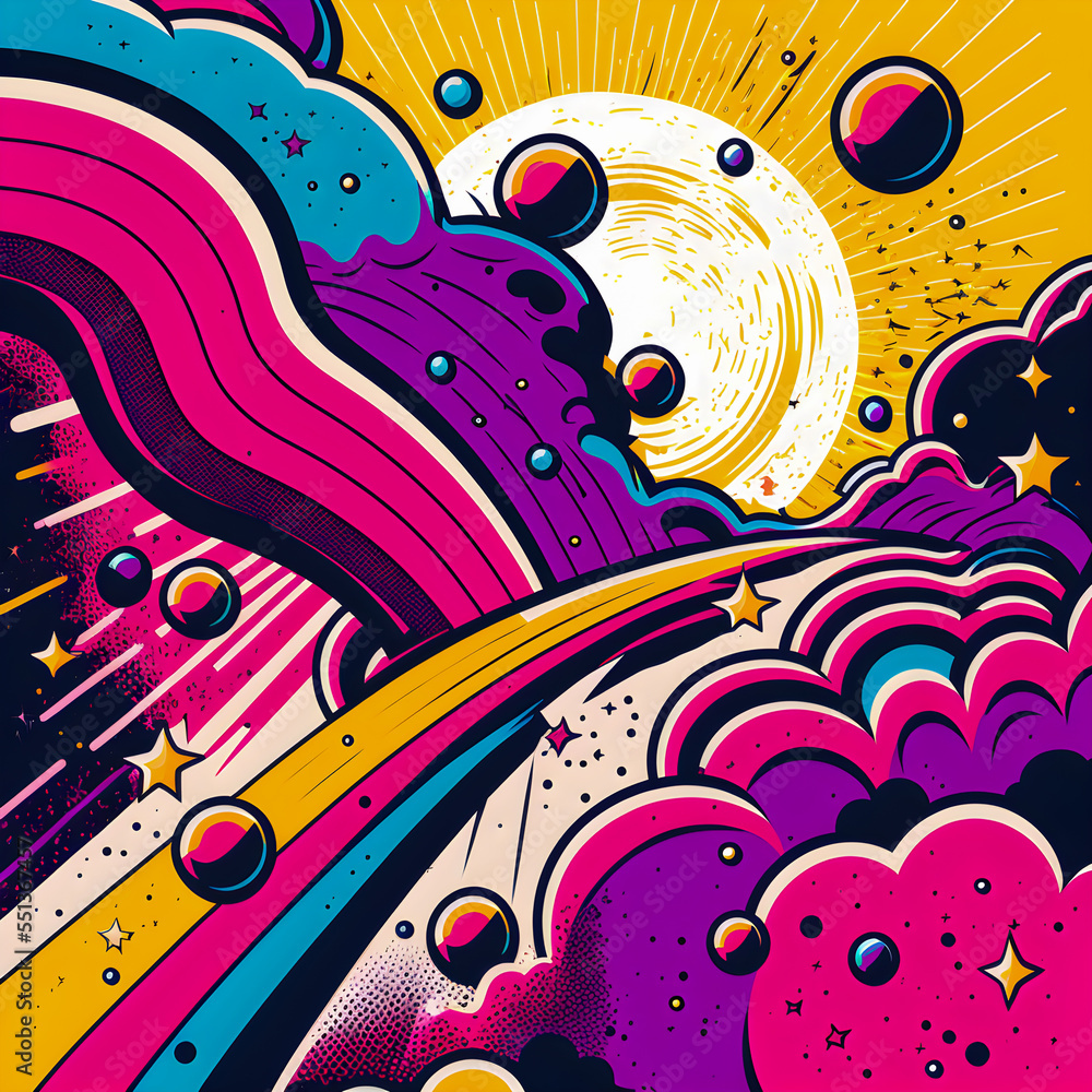 Hand drawn comic illustration, Retro and 90s style, Cosmos, Pop Art, Abstract, Crazy, and Psychedelic Background.