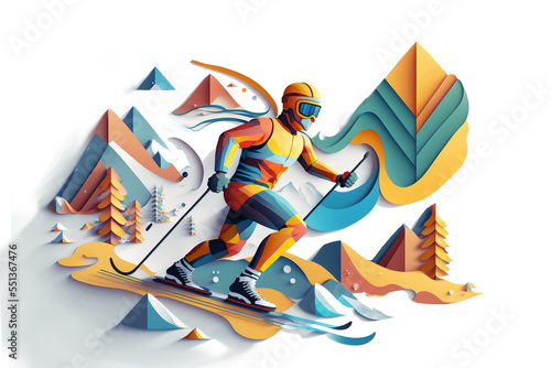 paper craft style illustration, a man skiing on snowy mountain 