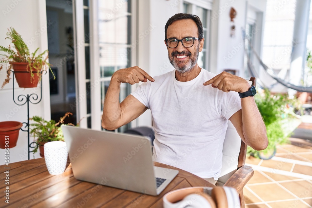 Middle age man using computer laptop at home looking confident with smile on face, pointing oneself with fingers proud and happy. Middle age man using computer laptop at home looking confident with smile on face, pointing oneself with fingers proud and happy.