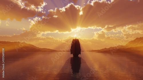 old ship at sea sunset illustration