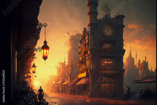 illustration of a steampunk cityscape, illuminated buildings, misty, digital art photo