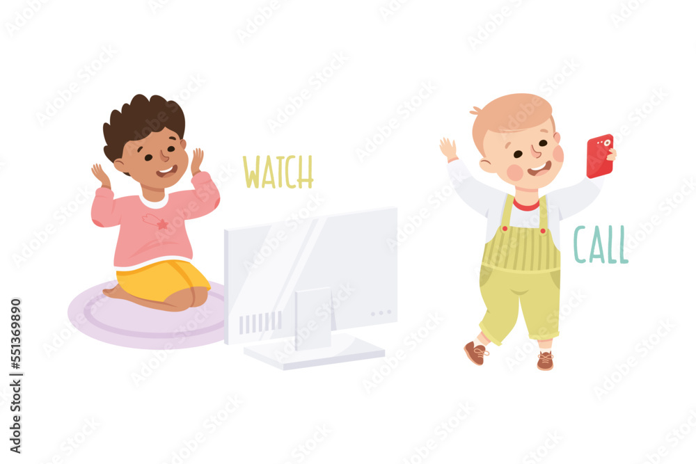 Little Boy Watching TV and Calling with Smartphone Demonstrating Vocabulary and Verb Vector Set Little Boy Watching TV and Calling with Smartphone Demonstrating Vocabulary and Verb Vector Set