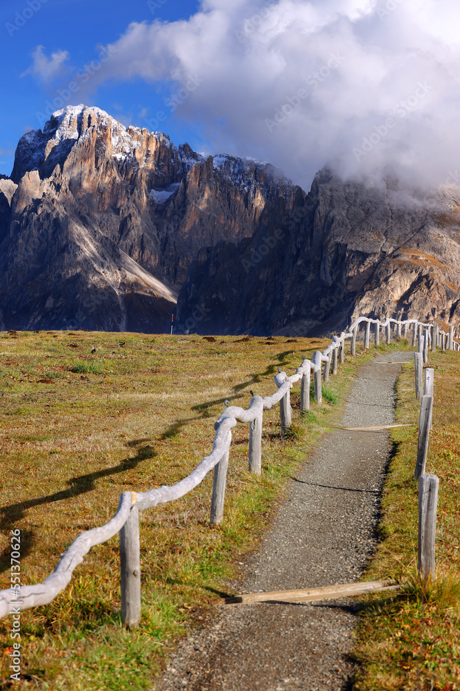 View of Sassolungo and Sassopiatto mountains of the Langkofel Group in Seiser Alm, Dolomites, Italy, Europe