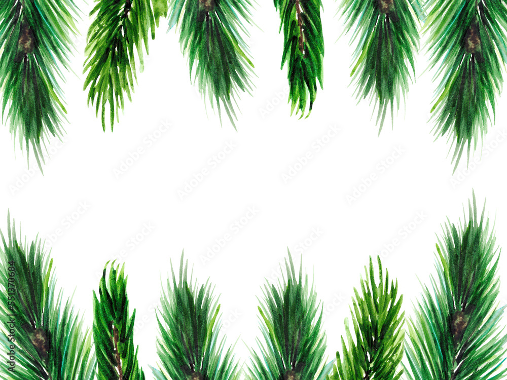 Christmas frame square with fir branches, isolated on a white background. Decor of postcards, posters, invitations. Watercolor hand drawing. Nature.
