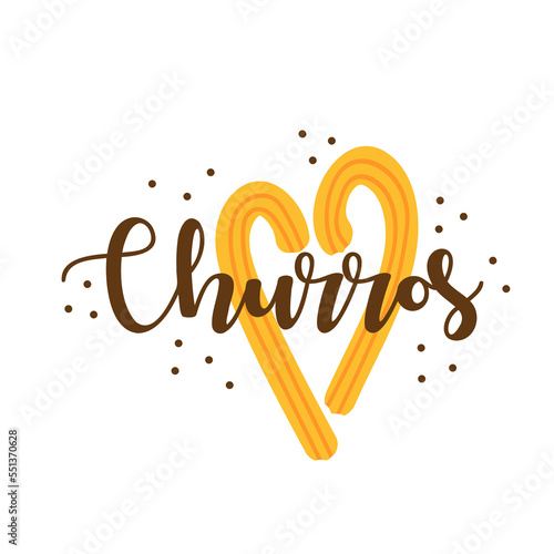Churros. Hand drawn lettering with churros sticks in shape of heart. Vector illustration on white