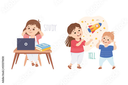 Little Girl Studying and Telling Fantastic Story Demonstrating Vocabulary and Verb Studying Vector Set