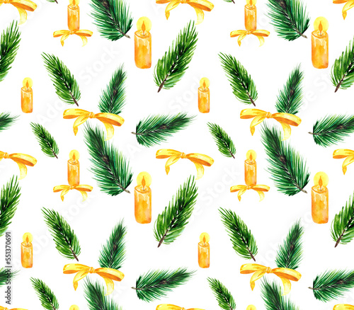 Christmas tree branches and yellow bows. Seamless pattern, New Year, Christmas. Watercolor hand drawing. Nature.