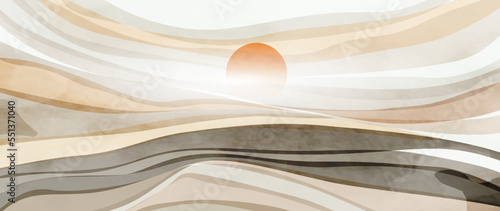 Abstract watercolor landscape art background in earth colors. Banner with hand drawn hills and sun for decoration design, wallpaper, print, textile, interior design, packaging, poster.