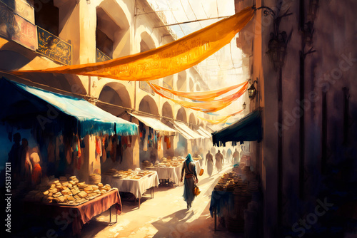 illustration of Mediterranean market atmosphere in day time 