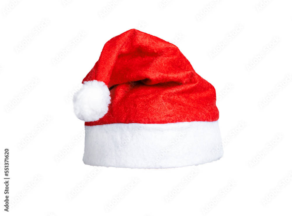 Santa Claus hat, red cap with pompom isolated on white background Santa Claus hat, red cap with pompom isolated on white background