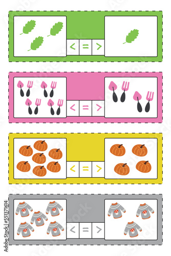 Math tasks, a worksheet for children. The child’s task is to count the elements in the sets and mark the appropriate sign: minority, majority, equality. Cute vector illustration