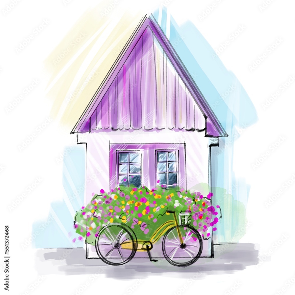 Colorful summer marker painting of a summerhouse with bicycle and flowers for wall painting, poster, logo, print, avatar, gift.