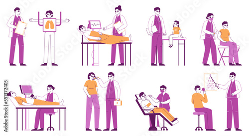 Patient medical examination, doctors appointment in hospital. Therapists, dentist and orthopedist medical consultation, patients health check flat vector illustration set. Medical clinic scenes