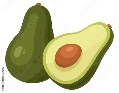 Cartoon avocado fruit. Fresh raw tasty avocado, whole fruit and half flat vector illustration on white background