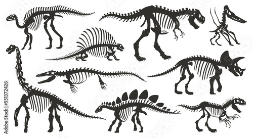 Cartoon dino skeleton silhouettes. Ancient dinosaur fossil bones, jurassic tyrannosaurus, velociraptor, spinosaurus black silhouette flat vector illustration set on white background