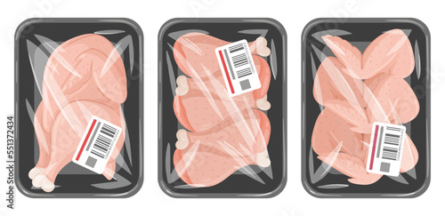 Cartoon frozen chicken meat. Raw chicken breast, legs and wings in vacuum plastic packaging, poultry meat packed in plastic trays flat vector illustrations on white background