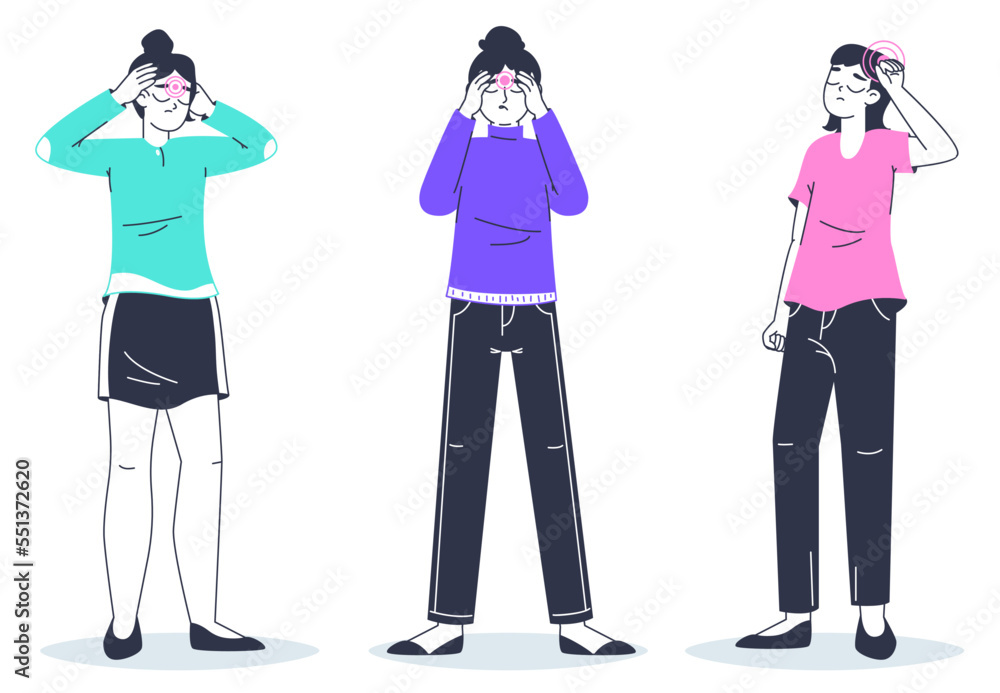 Women with headache. Female characters suffering from pain, physical diseases and bad medical conditions flat vector illustration on white background