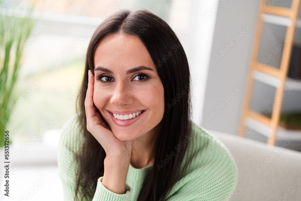 Close up photo of nice good looking lady sitting workplace room modern office house enjoy free time finish working day rejoice weekend