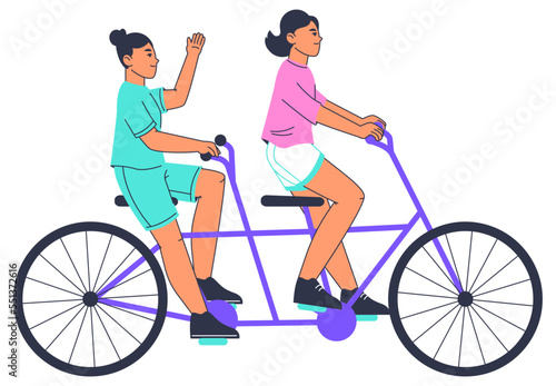 Women riding bicycle. Female characters on tandem bike, active bike riding, eco friendly transportation flat vector illustration on white background