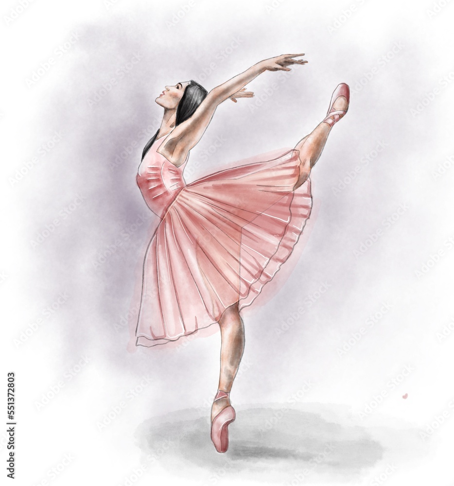 Illustration of a watercolor dancing ballerina in a pink dress and pointe shoes on a paper background, for a print, logo, dance studio, dancer. Illustration of a watercolor dancing ballerina in a pink dress and pointe shoes on a paper background, for a print, logo, dance studio, dancer.
