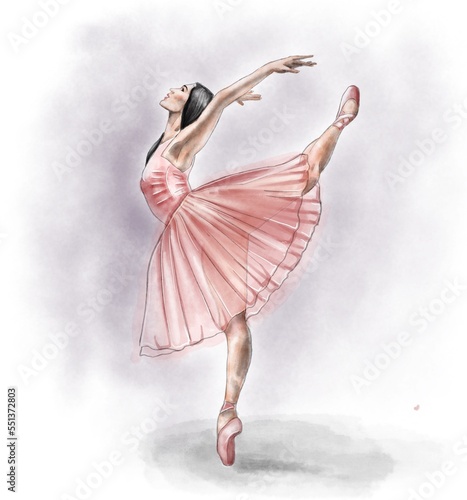 Illustration of a watercolor dancing ballerina in a pink dress and pointe shoes on a paper background, for a print, logo, dance studio, dancer.