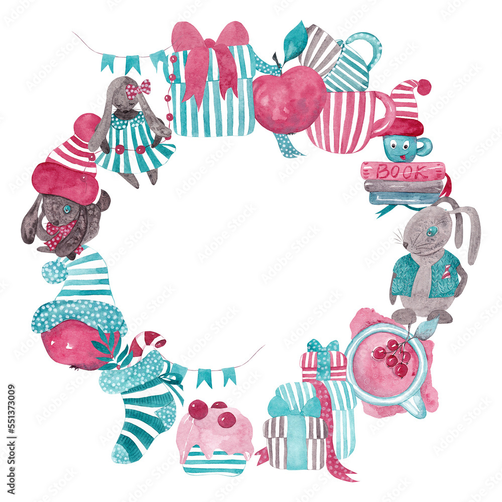 Christmas illustrations. Carousel of drawings in the form of a New Year's wreath. Watercolor isolated illustration of christmas characters and objects for your design Christmas illustrations. Carousel of drawings in the form of a New Year's wreath. Watercolor isolated illustration of christmas characters and objects for your design