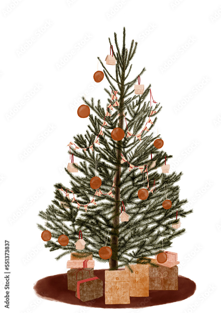 Christmas tree with presents. Isolated illustration for Christmas cards. Copy space. Brown beige decoration. Christmas tree with presents. Isolated illustration for Christmas cards. Copy space. Brown beige decoration.