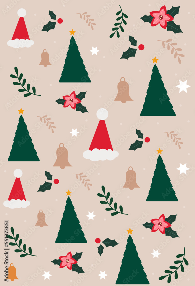 Merry Christmas pattern with xmas decor elements. Christmas wallpaper with decorations - seamless texture on beuge background pattern with Christmas hat, Christmas tree elements.