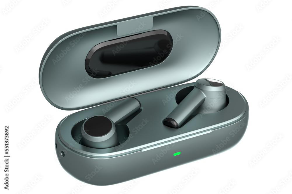 3D rendering of wireless earphones for workouts or listening streaming servicess 3D rendering of wireless earphones for workouts or listening streaming servicess