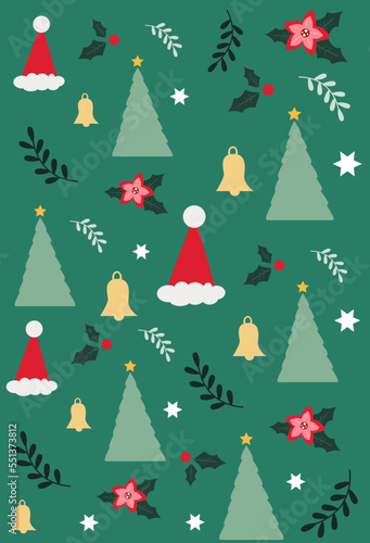 Merry Christmas pattern with xmas decor elements. Christmas wallpaper with decorations - seamless texture on green background pattern with Christmas hat, Christmas tree elements.