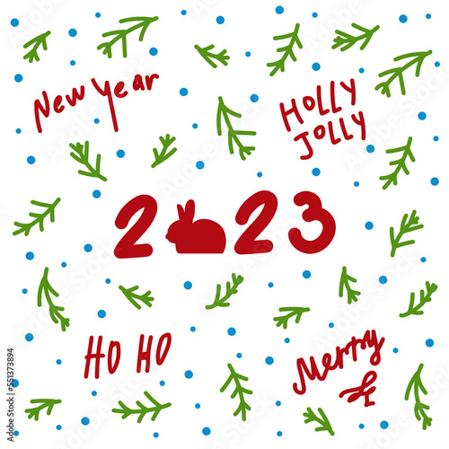 New Year card c 2023. Merry Christmas and Happy New Year for posters, holiday covers. With carrot hare and Christmas trees in a doodle background. Vector illustration