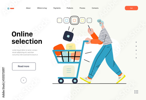 Online selecyion -Online shopping, electronic commerce illustration -modern flat vector concept illustration, man with a shopping cart and goods. Promotion, discounts, sale, online orders concept