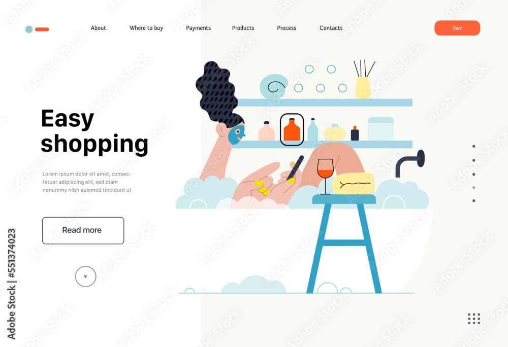 Easy shopping - Online shopping and electronic commerce series - modern flat vector concept illustration of a woman taking a bath. Promotion, discounts, sale and online orders concept Easy shopping - Online shopping and electronic commerce series - modern flat vector concept illustration of a woman taking a bath. Promotion, discounts, sale and online orders concept