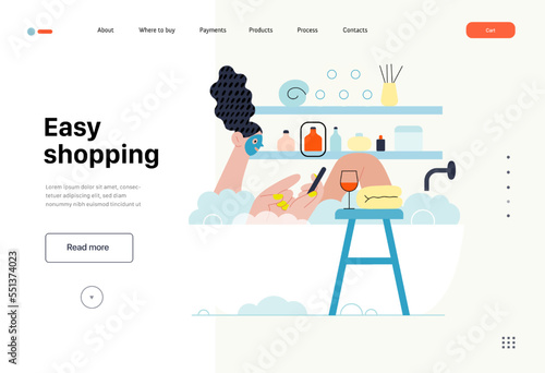 Easy shopping - Online shopping and electronic commerce series - modern flat vector concept illustration of a woman taking a bath. Promotion, discounts, sale and online orders concept