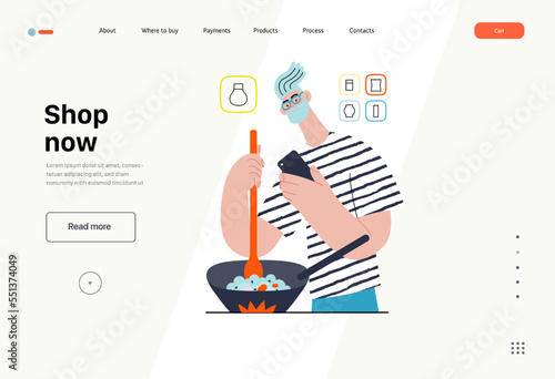Shop now - Online shopping and electronic commerce series - modern flat vector concept illustration of a man cooking in pan and shopping. Promotion, discounts, sale and online orders concept