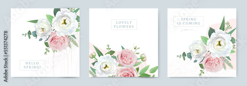 Spring floral card set. Watercolor bouquet illustration. Pink rose, white flowers, jasmine, green eucalyptus branch leaves, abstract stripes painting. Marriage, wedding invite stylish template design