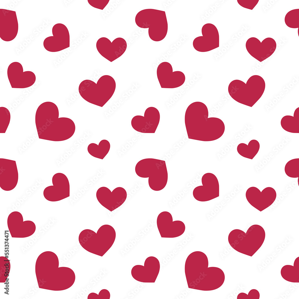 Red hearts pattern. Cute Valentine day seamless background with love symbols. Viva magenta and white colors. Vector illustration
