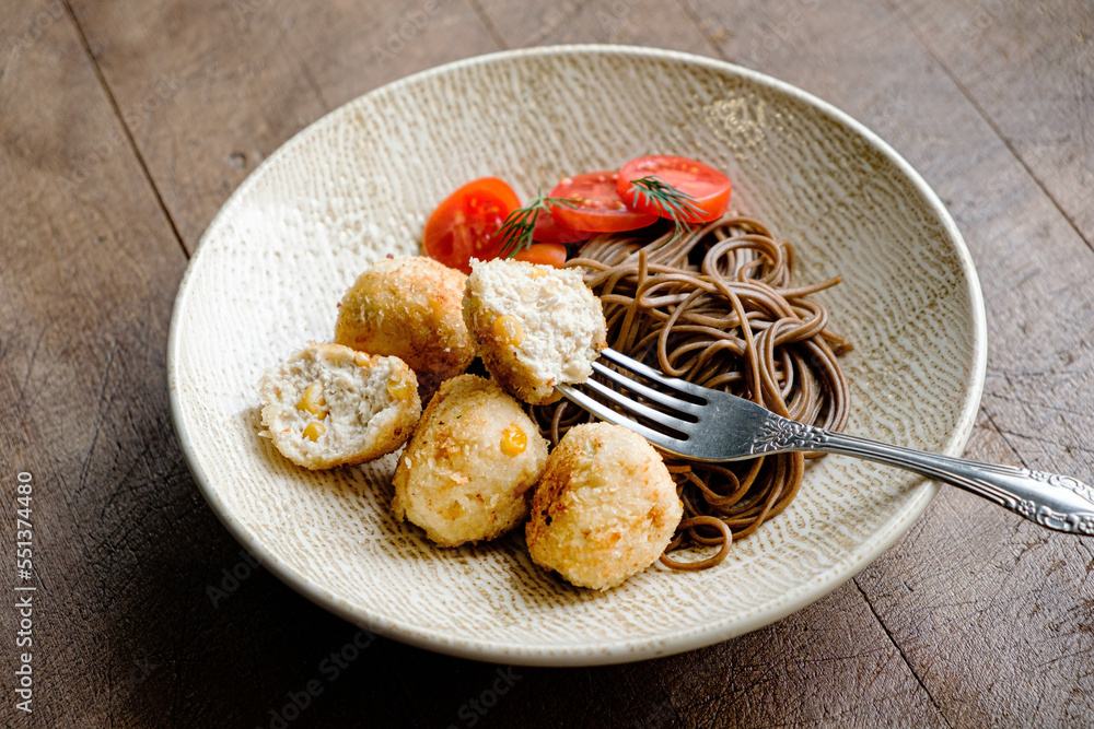 chicken meatballs with buckwheat noodles