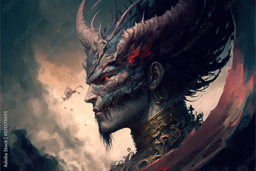 Portrait of a dragon person man, red blood angry fantasy dragon human
