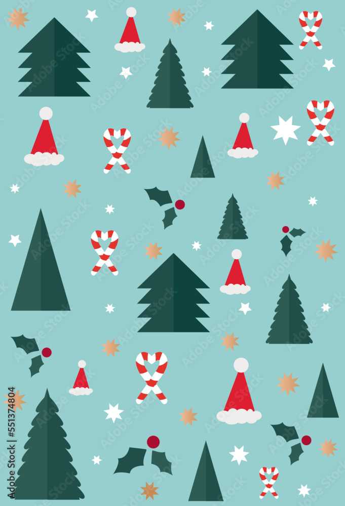 Obraz premium Merry Christmas pattern with xmas decor elements. Christmas wallpaper with decorations - seamless texture on blue background pattern with Christmas tree, caramel cane, stars elements.