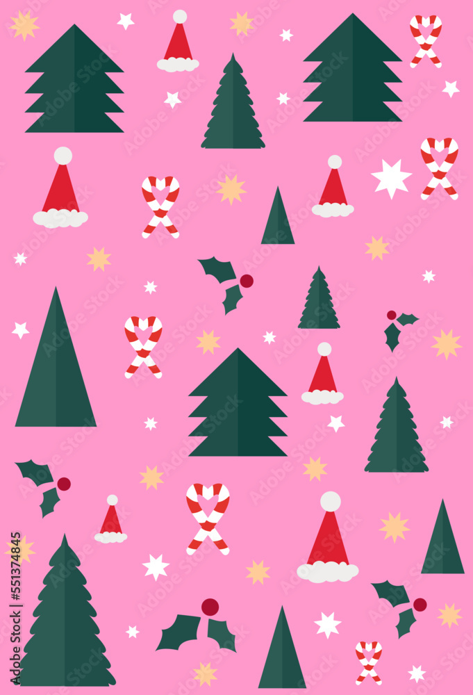 Merry Christmas pattern with xmas decor elements. Christmas wallpaper with decorations - seamless texture on pink background pattern with Christmas tree, caramel cane, stars elements.