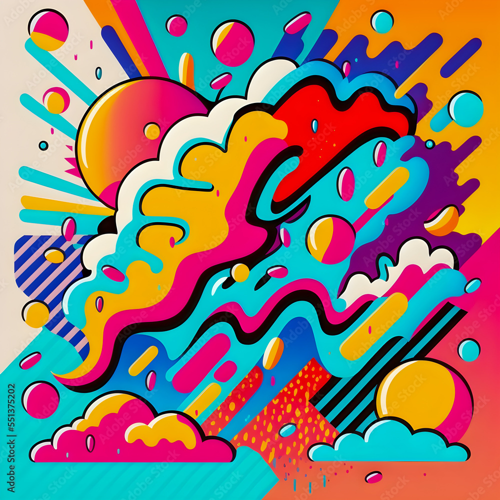 Hand drawn illustration, Retro and 90s style, Pop Art, Abstract, Crazy, and Psychedelic Background.