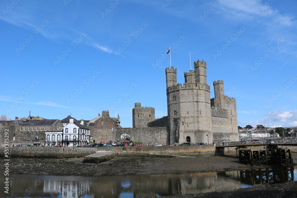 Caernarfon and Castle at River Seiont at low tide, Wales United Kingdom