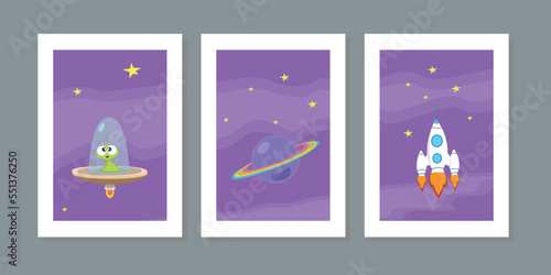 Kids wall art minimalist decor. Vector flat space seamless pattern background. Cute alien template. Sun, Astronaut Spaceship, Rocket Black Hole Stars in Outer space. Print nursery baby toy cards cover