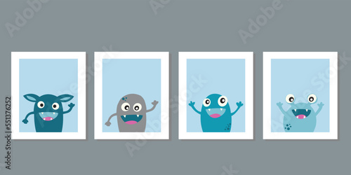 Kids wall art minimalist decor. Four frame vector cute colorful monster, virus, germ cartoon character in space. Germ and pathogen vector icons isolated on background. Three frame set hand drawn. 