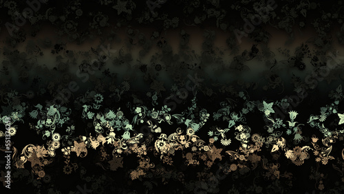 Illustration of a dark background with floral patterns and added effects