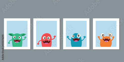 Kids wall art minimalist decor. Four frame vector cute colorful monster, virus, germ cartoon character in space. Germ and pathogen vector icons isolated on background. Three frame set hand drawn. 